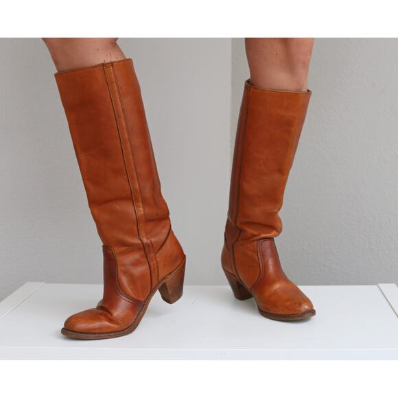 Dex Shoes - 1970's Vintage Cognac Orange Dex Knee High Leather Boots Women's 8 to 8-1/2 8.5